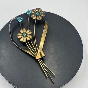 Sterling Silver Gold Wash Vintage Floral Bouquet Blue Rhinestone  1940's Brooch